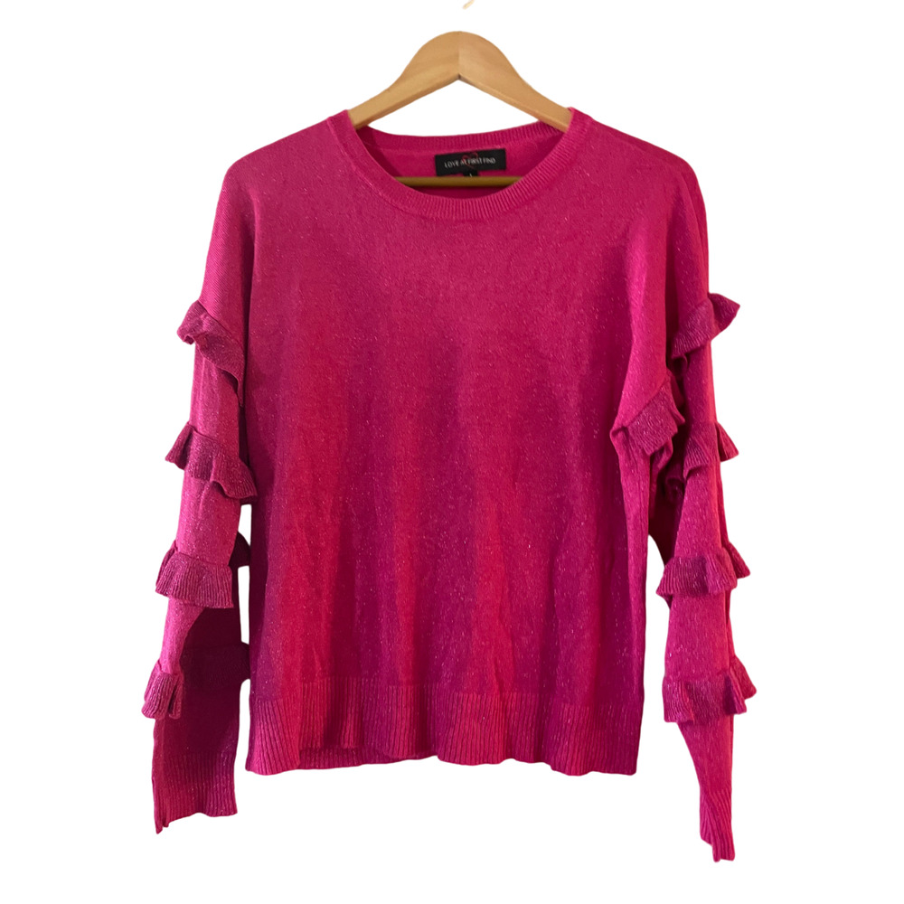 Love at First Find Size L Ruffle Sleeve Crew‎ Pullover Sweater Metallic Shimmer